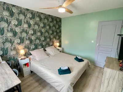 Un ou plusieurs lits dans un hébergement de l'établissement Chambre chez Delphine et Guillaume salle de bain et wc commun