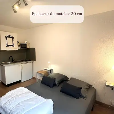 Un ou plusieurs lits dans un hébergement de l'établissement Studio Paisible Cœur de Paray-Le-Monial app 303