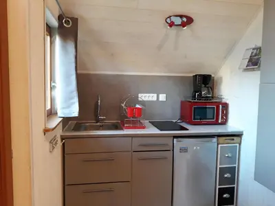 Cuisine ou kitchenette dans l'établissement Le petit chalet jurassien