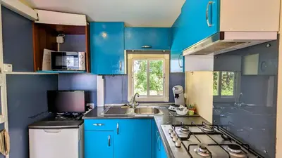 Cuisine ou kitchenette dans l'établissement Cottage flottant Terrasse Jacuzzi privé en supplément près Dijon
