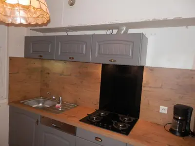 Cuisine ou kitchenette dans l'établissement appartement au coeur de la région des lacs .