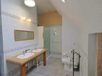 Salle de bains dans l'établissement La Baudinière, Chambre 