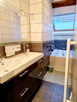 Salle de bains dans l'établissement Maison cosy piscine jacuzzi sauna