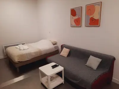 Un ou plusieurs lits dans un hébergement de l'établissement Grand studio au calme - Dijon centre