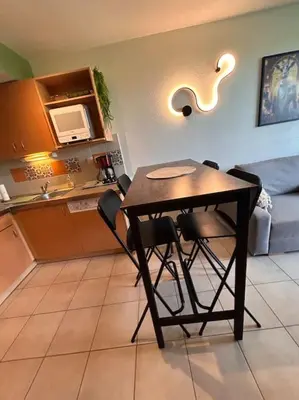 Cuisine ou kitchenette dans l'établissement Le nid de Sitelle, appartement, piscine et sauna