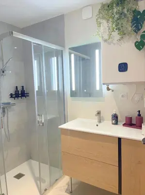 Salle de bains dans l'établissement T2 cocon en hyper centre, très calme, stationnement devant l'immeuble