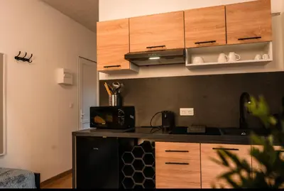 Cuisine ou kitchenette dans l'établissement Le symphonie