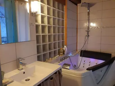 Salle de bains dans l'établissement La maison Bleue Nature et Balnéo en Bourgogne