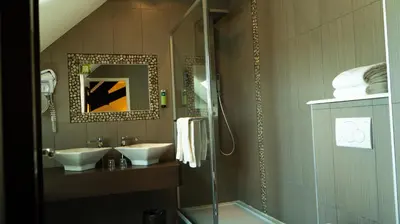Salle de bains dans l'établissement Logis Hôtel L'Orée des Charmes et son restaurant L'évYdenCe