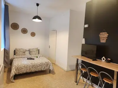 Un ou plusieurs lits dans un hébergement de l'établissement Charmant studio proche de la place Wilson