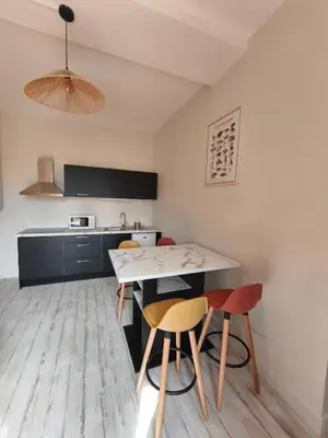 Cuisine ou kitchenette dans l'établissement L'arrêt du pont