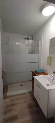 Salle de bains dans l'établissement Jura entre Lacs et Montagnes Charmant studio cosy de 38 m2