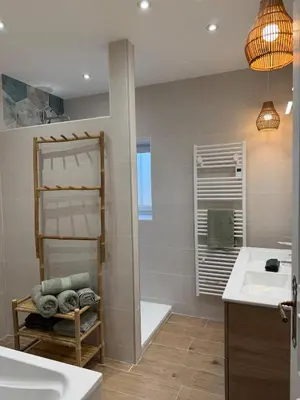 Salle de bains dans l'établissement Les Platanes Appartement Le Tropical