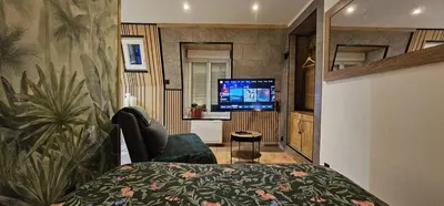 Télévision ou salle de divertissement dans l'établissement Le nid