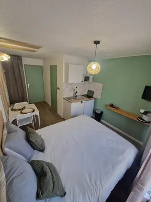 Un ou plusieurs lits dans un hébergement de l'établissement Le Cosy 213 des Logis de Paray Studio Downtown