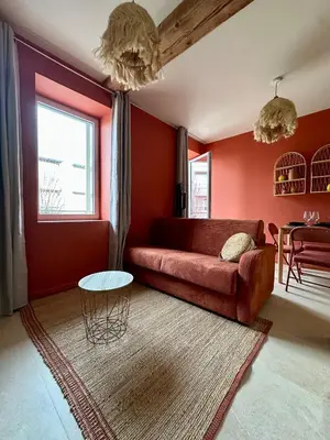 Coin salon dans l'établissement La Jouvence - Appartements à thème, avec balcon vue Saône et climatisés
