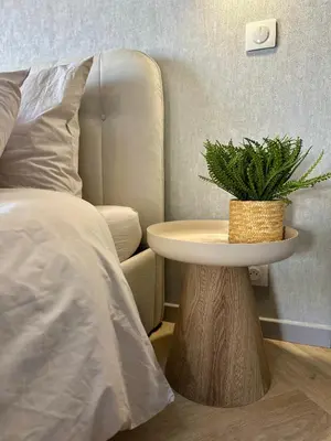 Un ou plusieurs lits dans un hébergement de l'établissement La Jouvence - Appartements à thème, avec balcon vue Saône et climatisés