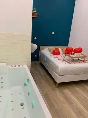 Un ou plusieurs lits dans un hébergement de l'établissement Appartement Spa - NAHLEO Scandinave