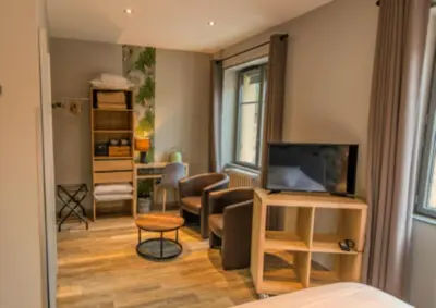Télévision ou salle de divertissement dans l'établissement Hotel de l'Abbaye à Cluny
