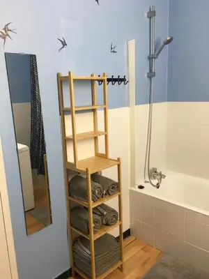 Salle de bains dans l'établissement Grands Gîtes de charme avec jardin, lieu calme et paisible en plein coeur d'Arbois, linge inclu, lits faits à l'arrivée et ménage en fin de séjour