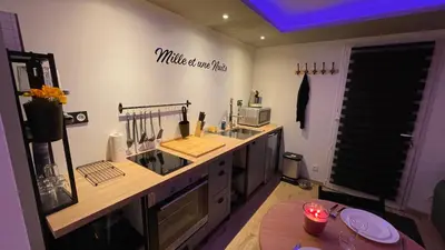 Cuisine ou kitchenette dans l'établissement Mille et une nuit, appartement classé 3 étoiles en RDC avec exterieur et parking
