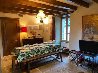 Télévision ou salle de divertissement dans l'établissement Ancienne ferme Bourguignonne en bord de rivière, grand terrain arboré, et clos
